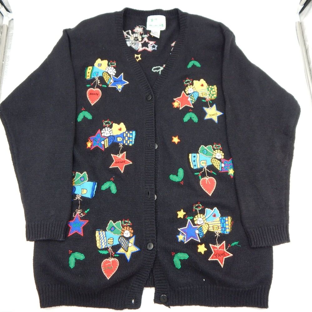 The Quacker Factory Angel Blessings Holiday Christmas Cardigan Sweater Size M